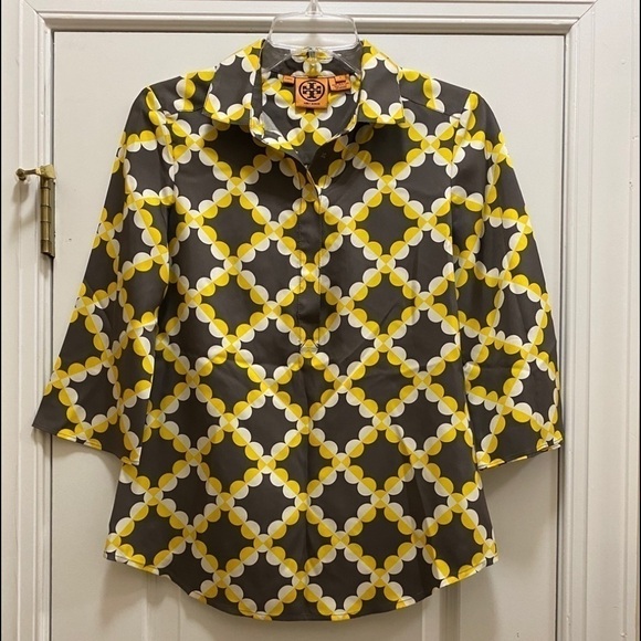 TORY BURCH Brown Yellow Multicolor Silk Button Front 3/4 Sleeve Blouse Size 2 - Picture 1 of 4
